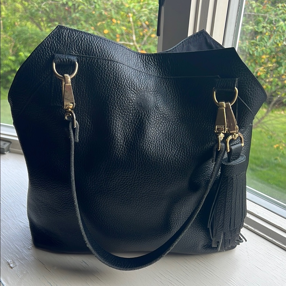 The Root Collective Satchel in Black Leather with Tassel